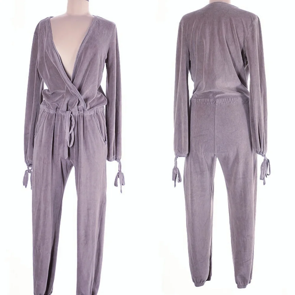 Lavender Gray Velour Lounge Jumpsuit XS - Young Fabulous Broke
